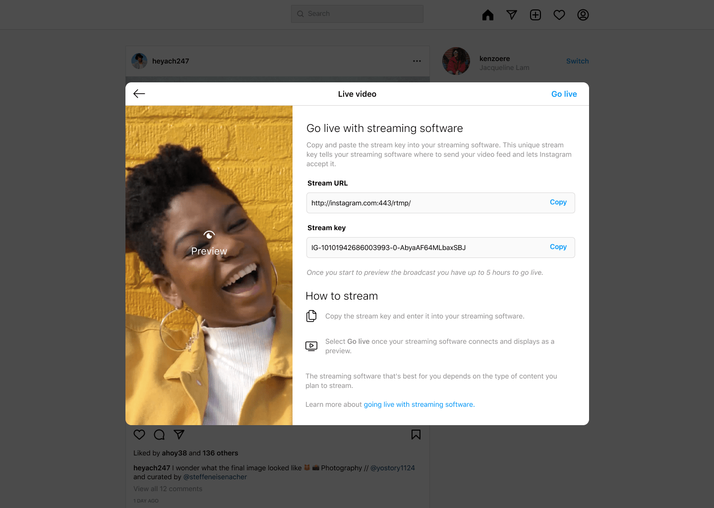 stream url and key created